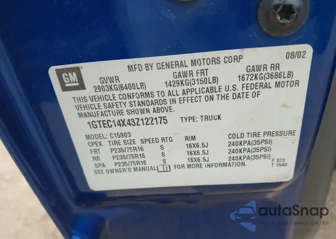 2003 GMC Sierra 1500 Work Truck z USA, uszkodzony, nr VIN 1GTEC14X43Z122175